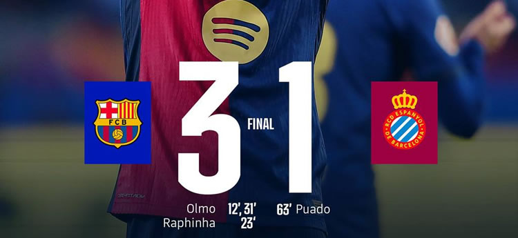 Victoire du fc Barcelone 3 - 1 face à l'Espanyol de Barcelone à la 12è journée de le Liga